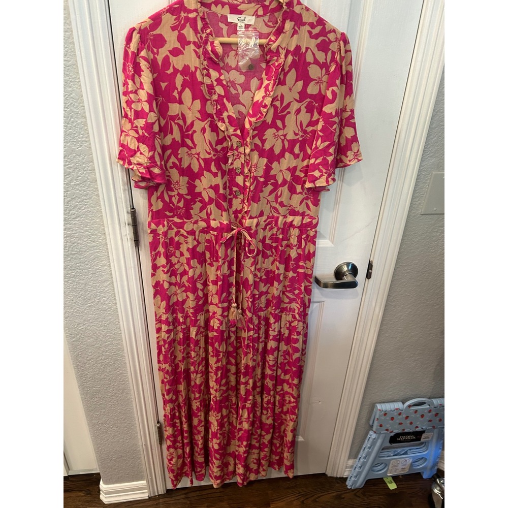 Easel Maxi Dress Pink Floral‎ Ruffle V-Neck Tassel Tie Boho Summer Gown
